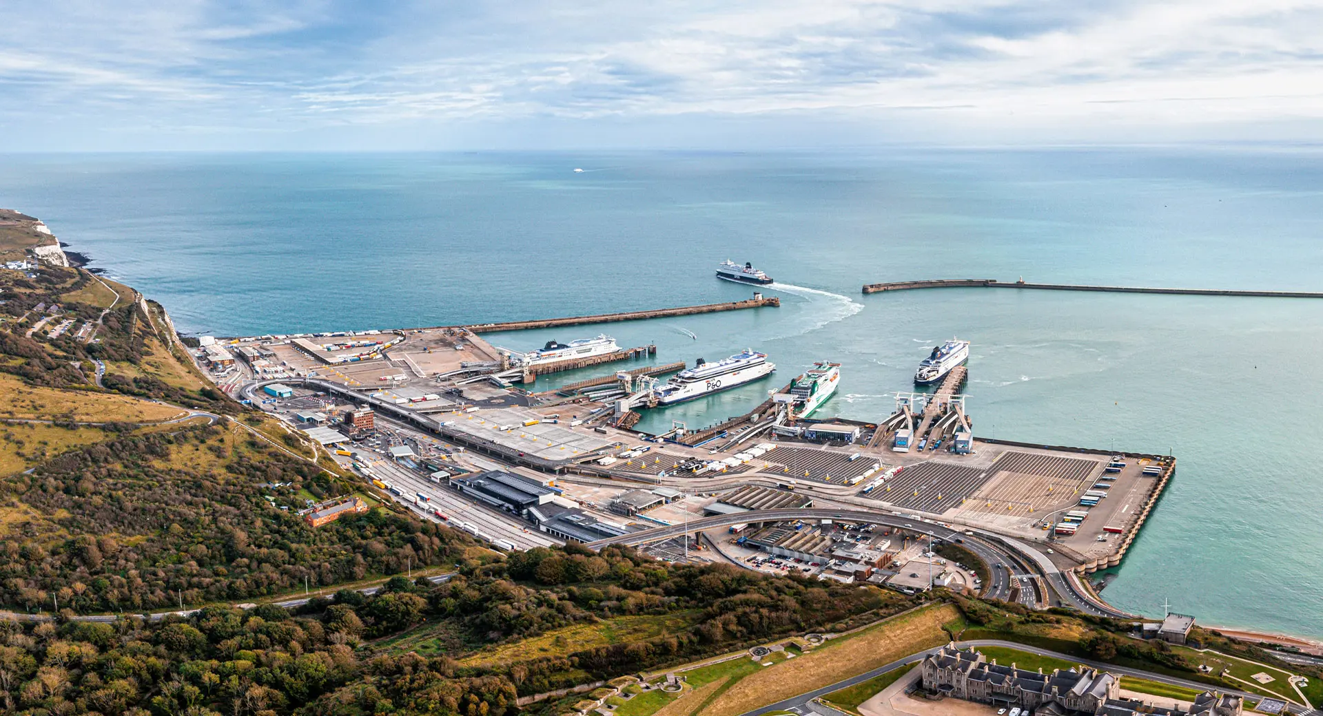 An establishing shot of Dover Harbour