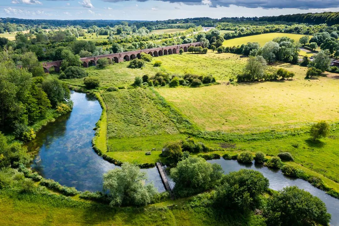 Arial view of a river running through countryside