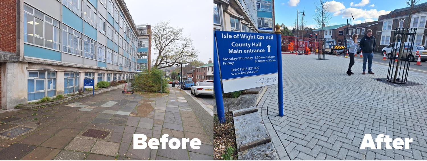 A set of two photos showing Newport County Hall before and after the SuDS installation. Photo one shows the old and dilapidated concrete paving being disrupted by tree roots. Photo two shows the new permeable paving and tree pits.