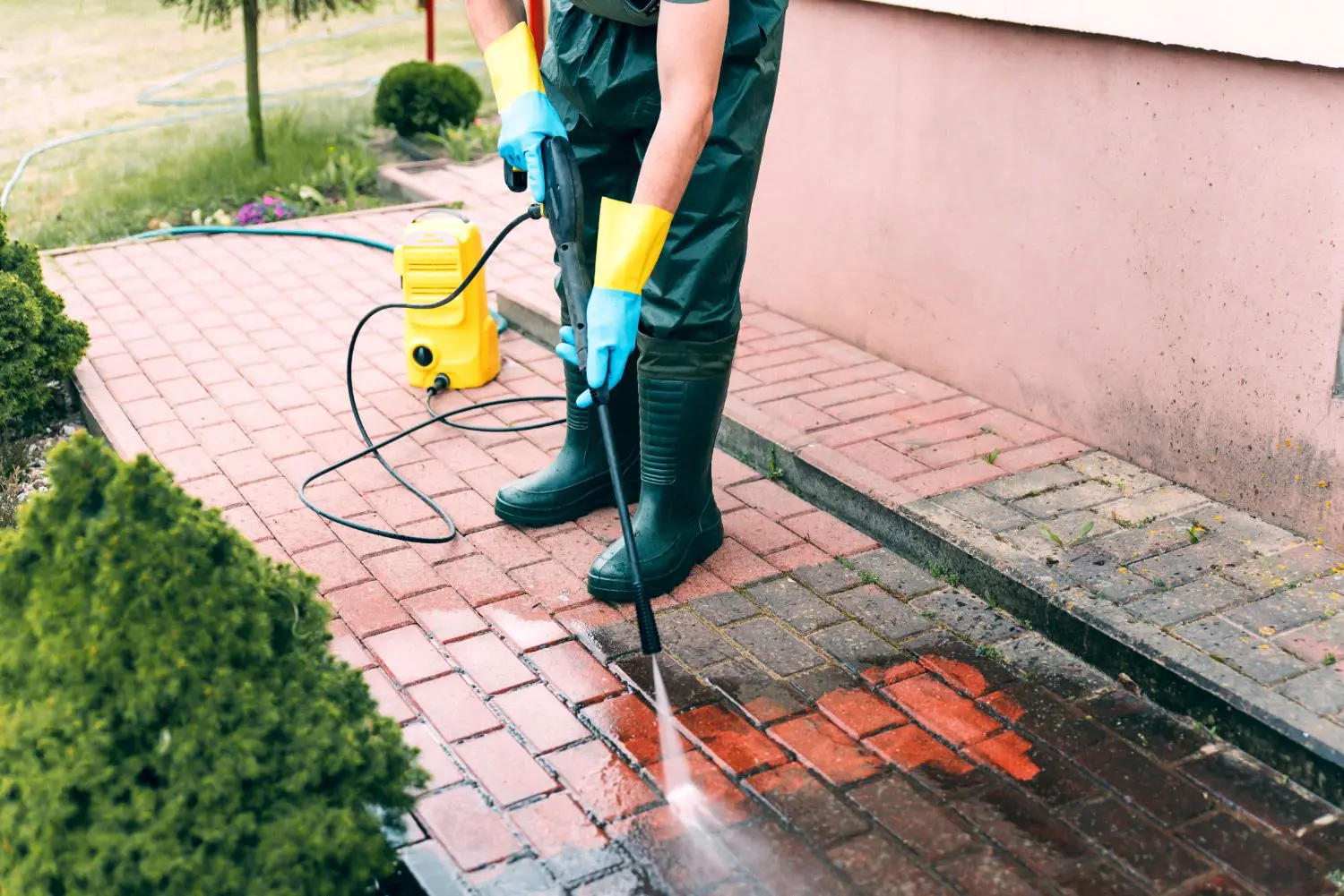 photo of a persons legs jet washing paving slabs